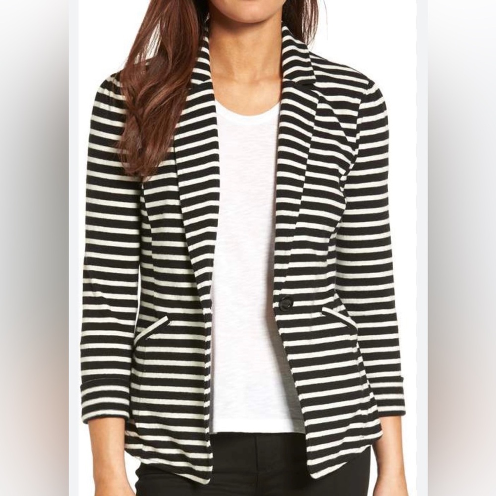 Caslon Black And White Striped 100% Cotton Long Sleeve Blazer Size PM